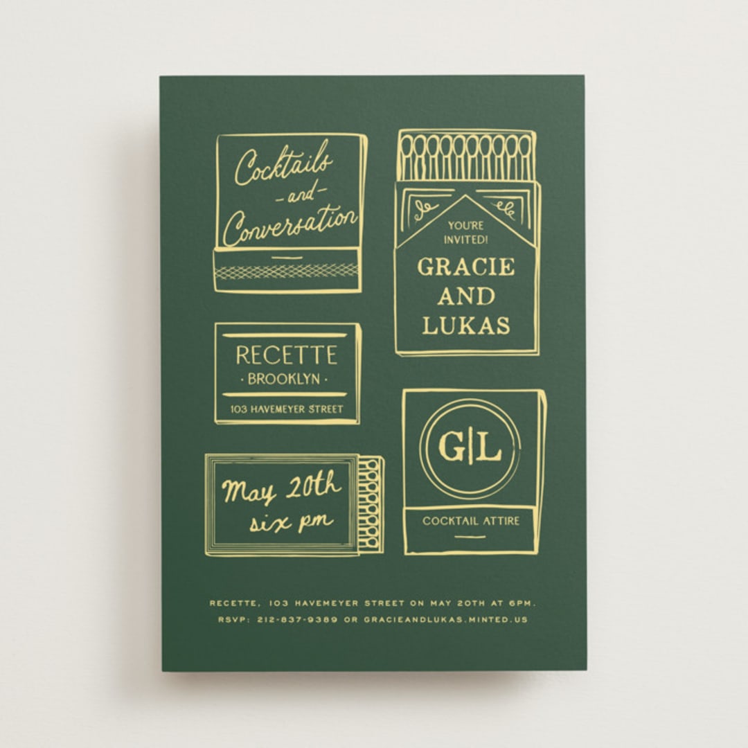 "Matchbooks" - Rehearsal Dinner Invitations in Vetiver by Jennifer Lew - Front