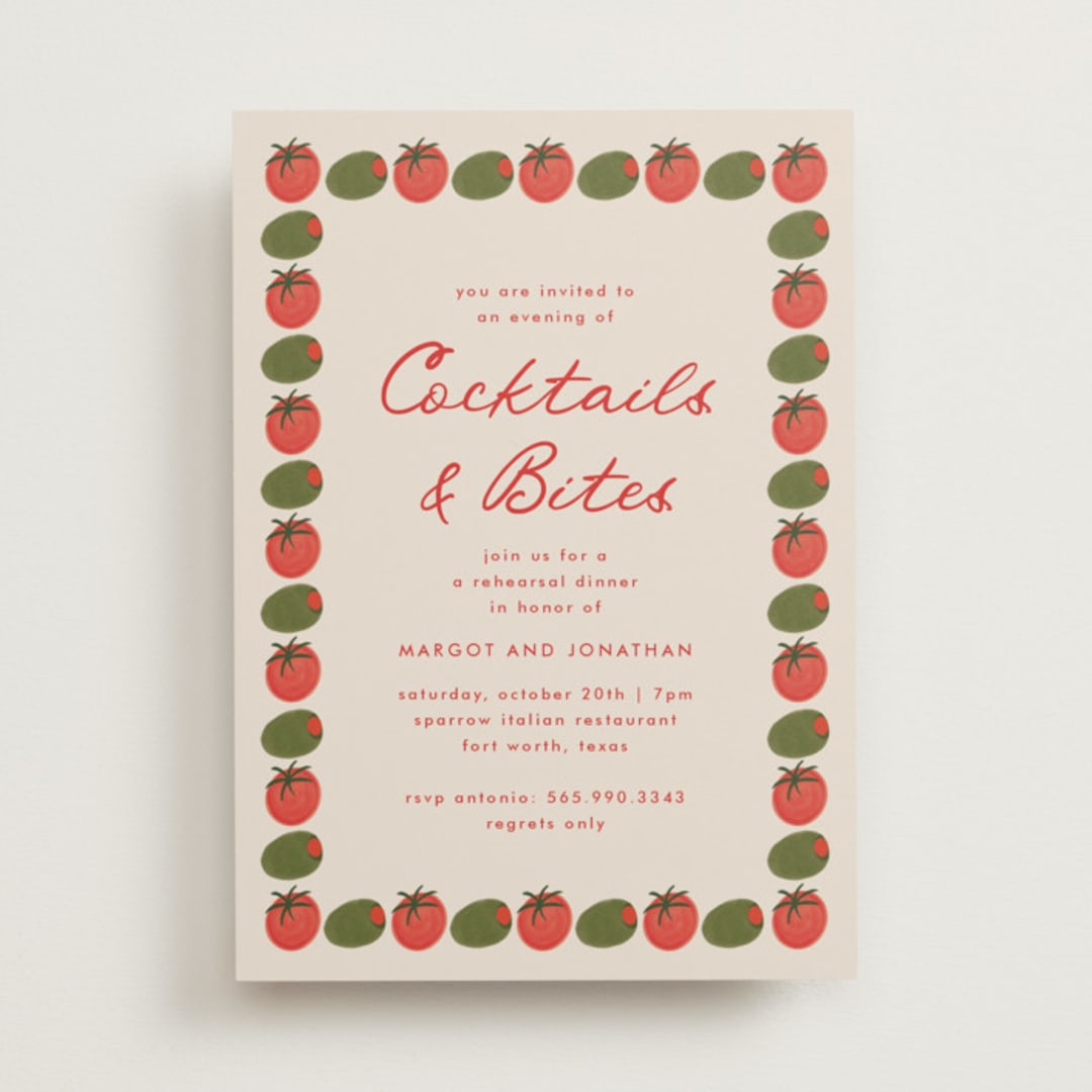 "Olive Bites" - Rehearsal Dinner Invitations in Saucy by Anna Elder - Front