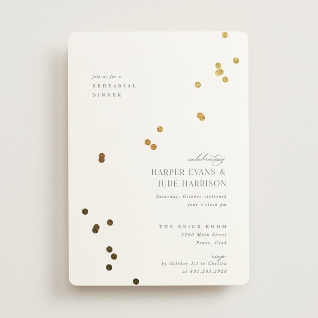"Confetti" - Rehearsal Dinner Invitations in Linen by Robert and Stella - Front