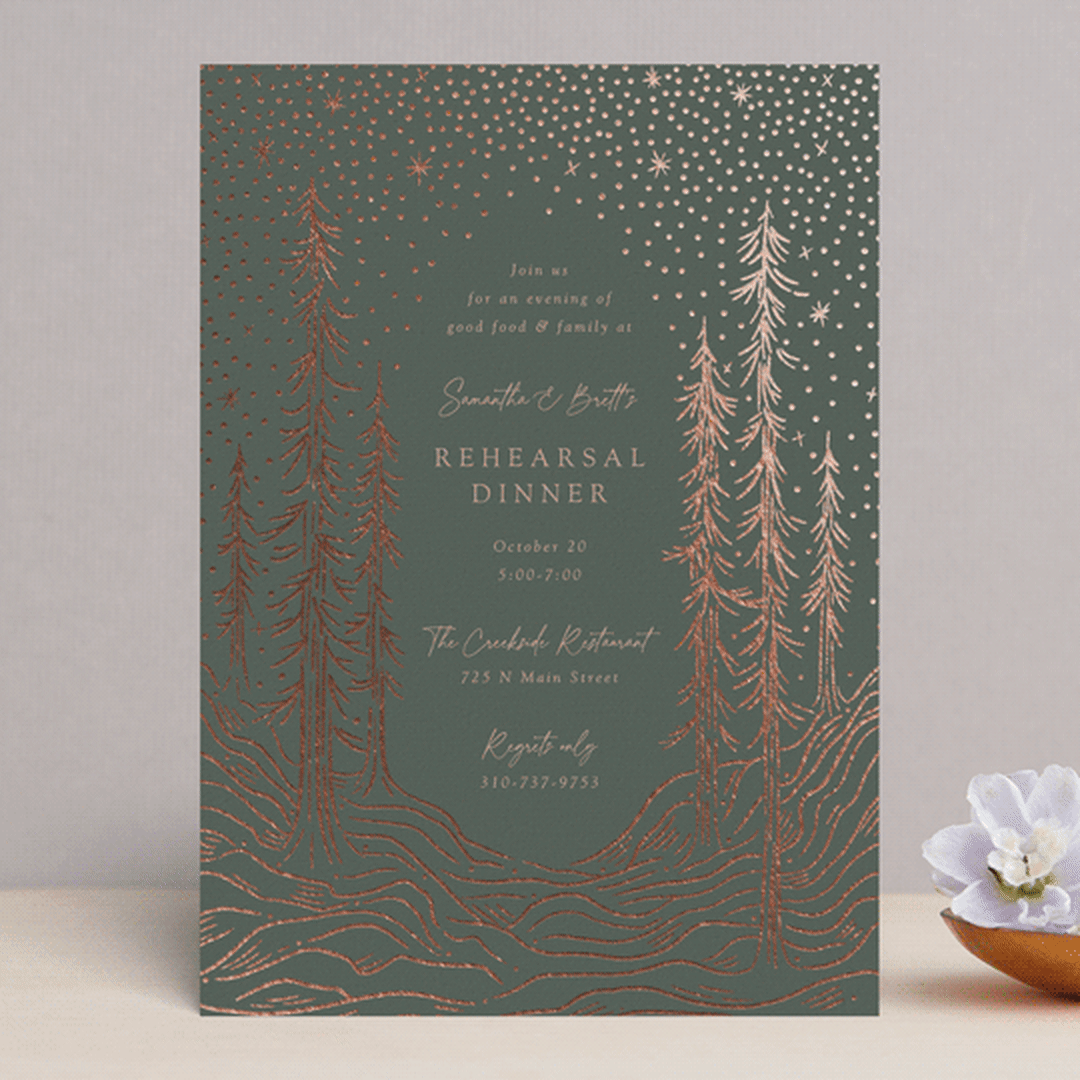 "Forest Stars" - Rehearsal Dinner Invitations in Forest by Becky Nimoy - Front
