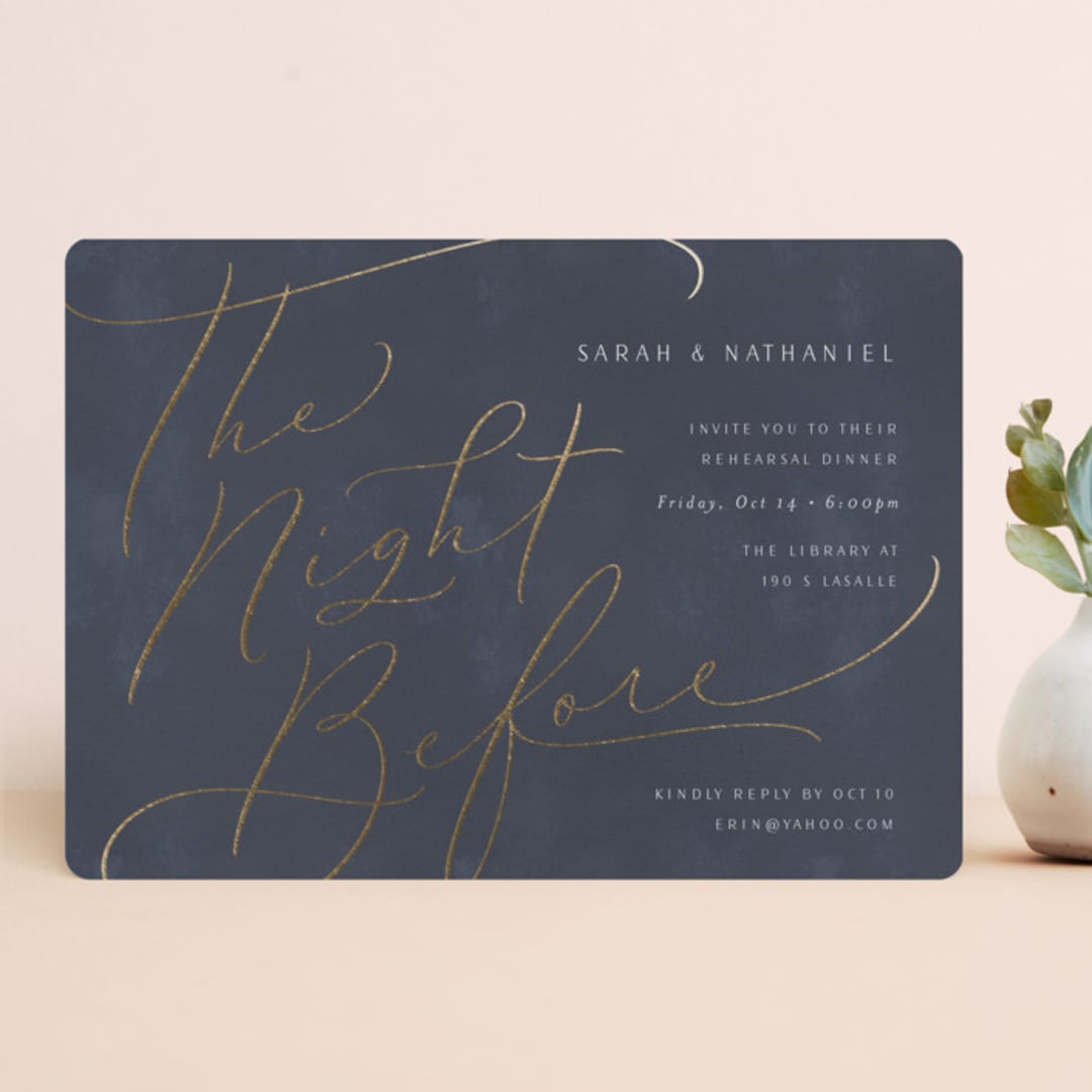 "The Night Before Lettering" - Rehearsal Dinner Invitations in Night by Erin German - Front
