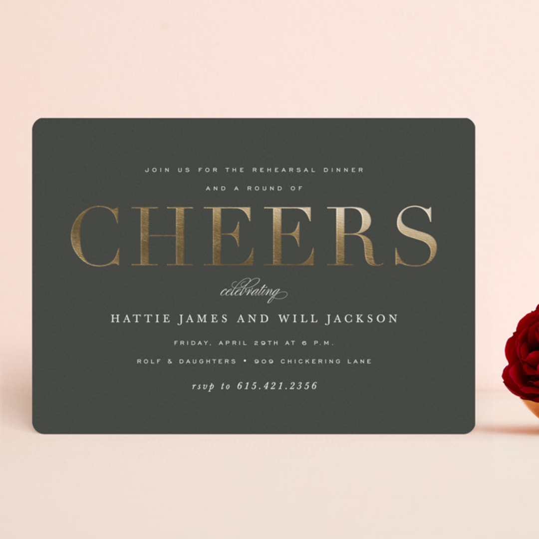 "Cheers" - Rehearsal Dinner Invitations in Smoke by Sara Hicks Malone - Front