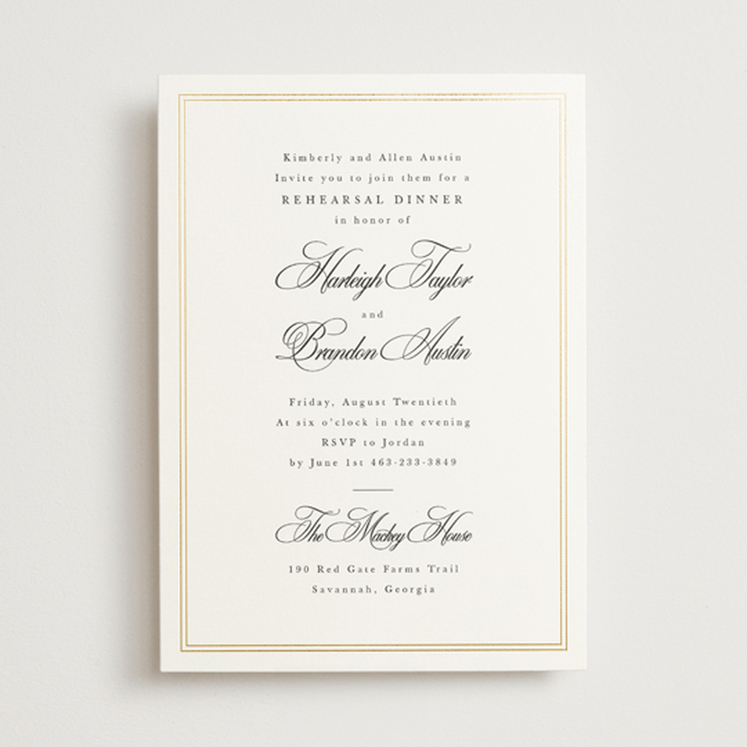 "Traditionalist" - Rehearsal Dinner Invitations in Snow by Sarah Brown - Front