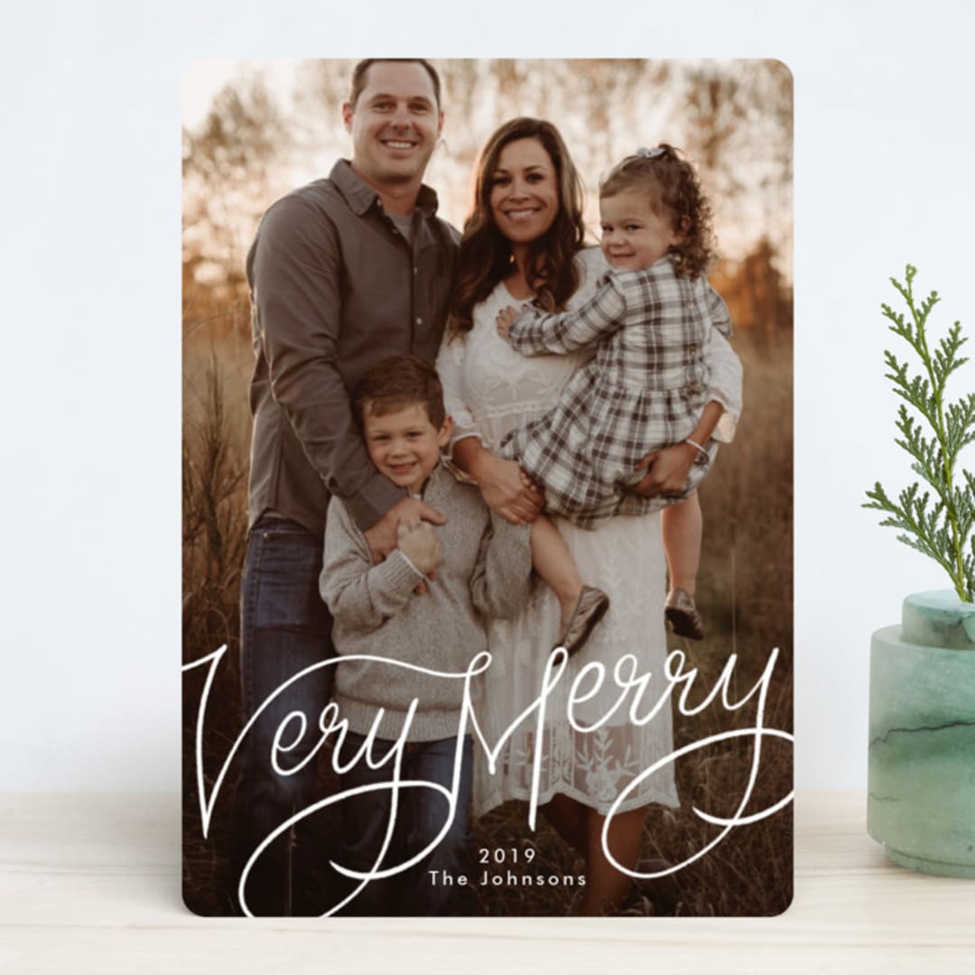 "Very Merry Hand Lettered" - Retired Holiday Cards in Snow by Becky Nimoy - Front