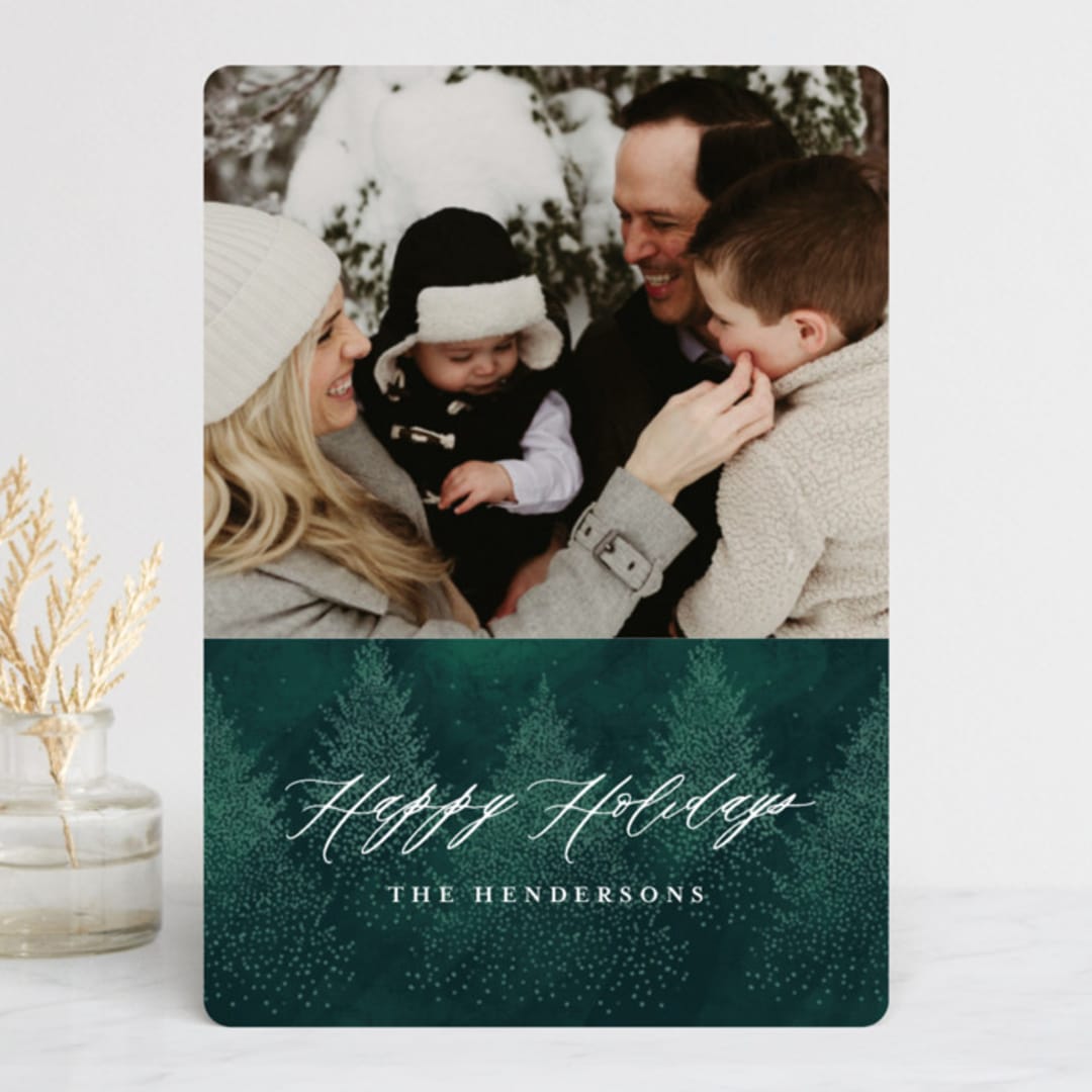 "Snowy Pointed Pines" - Retired Holiday Cards in Evergreen by Gina Grittner - Front