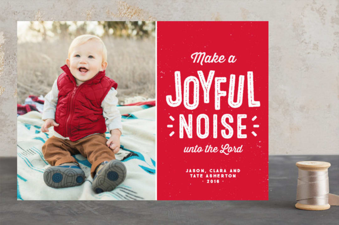 "Joyful and noisy" - Retired Holiday Cards in candy apple by Lea Delaveris - Front