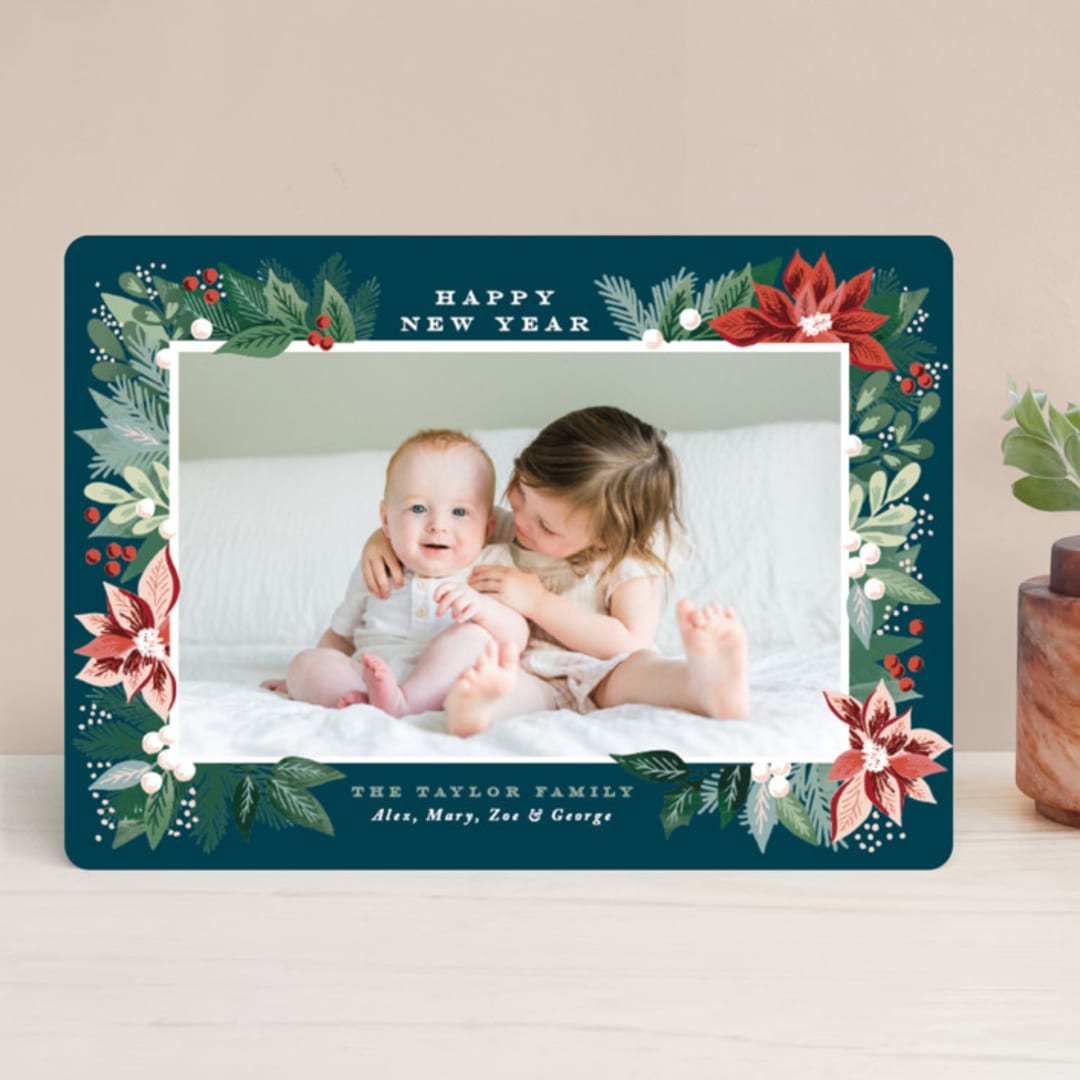 "Poinsettia Pine Frame" - Retired Holiday Cards in Teal by Alethea and Ruth - Front