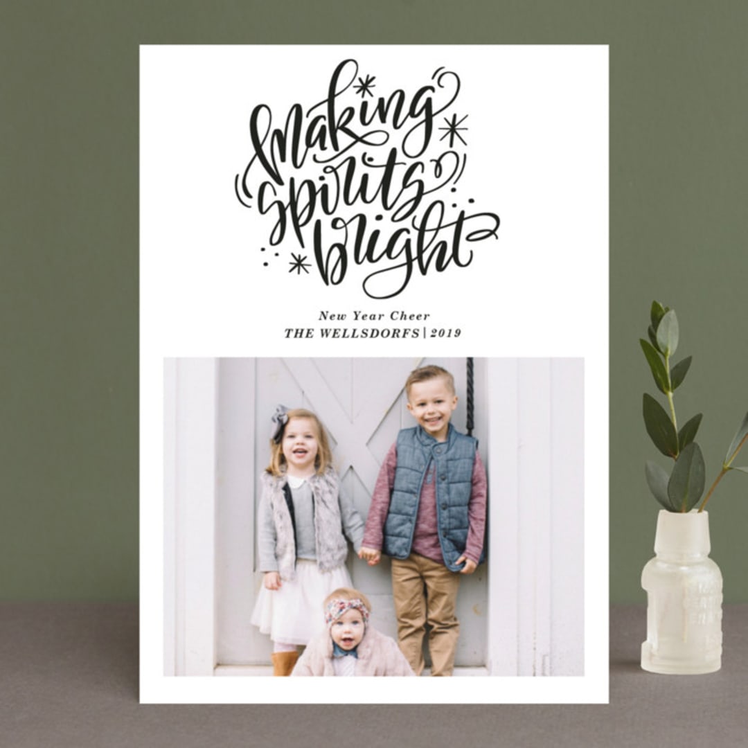 "Bright Lettered Spirits" - Retired Holiday Cards in Onxy by Makewells - Front