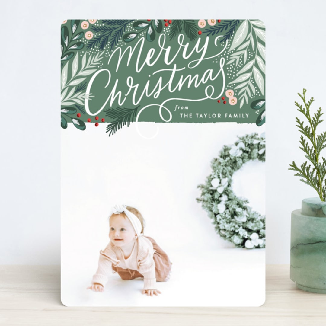 "Scripted Pine Branch Berries" - Retired Holiday Cards in Leaf by Alethea and Ruth - Front
