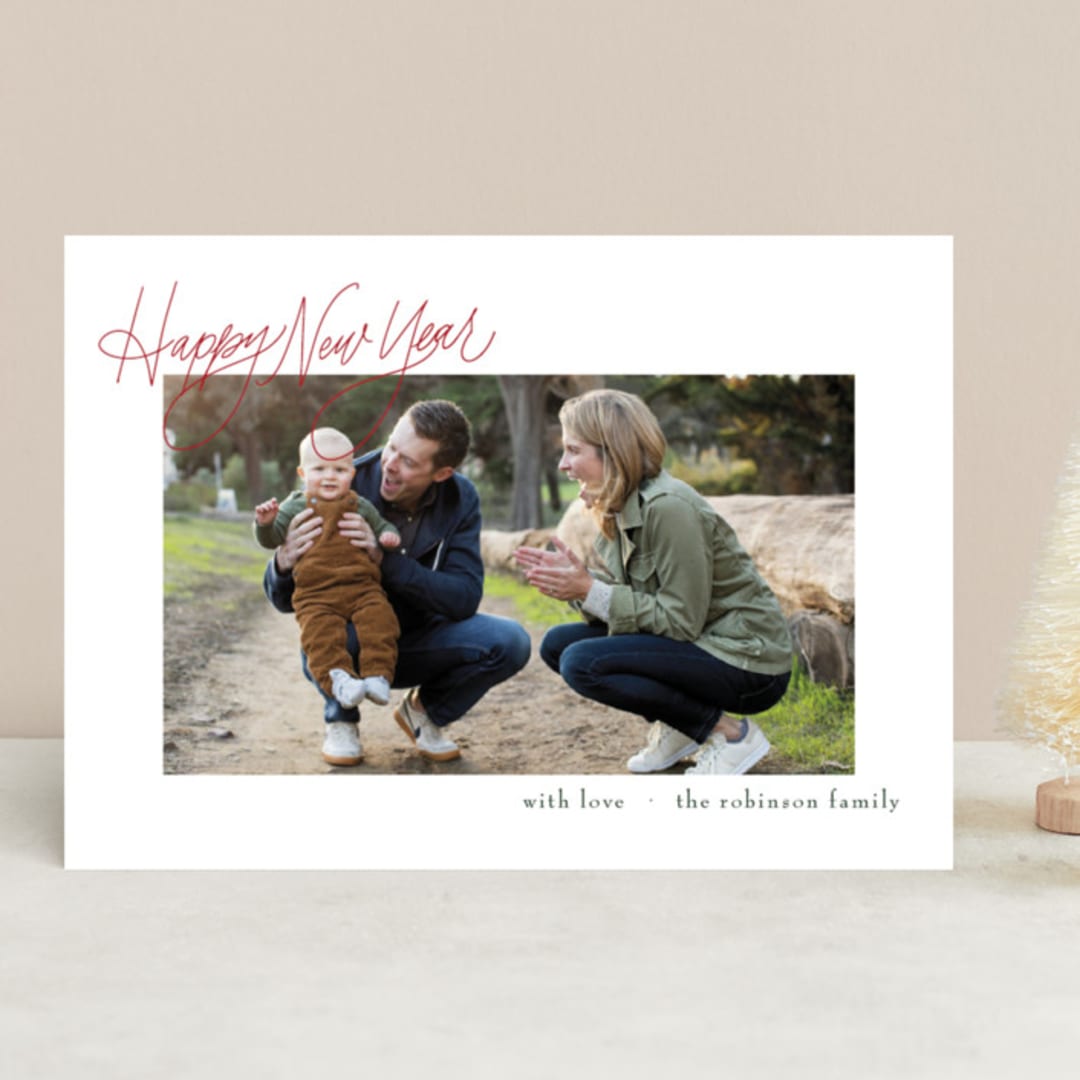 "Minimalist Merry Monoline" - Retired Holiday Cards in Ruby by Elsa Duncan - Front