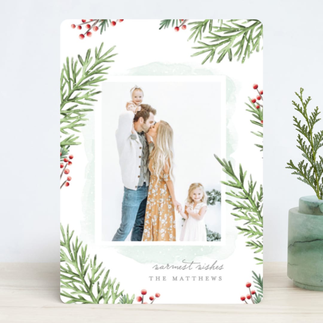 "Painterly Pine" - Retired Holiday Cards in Cranberry by Hooray Creative - Front