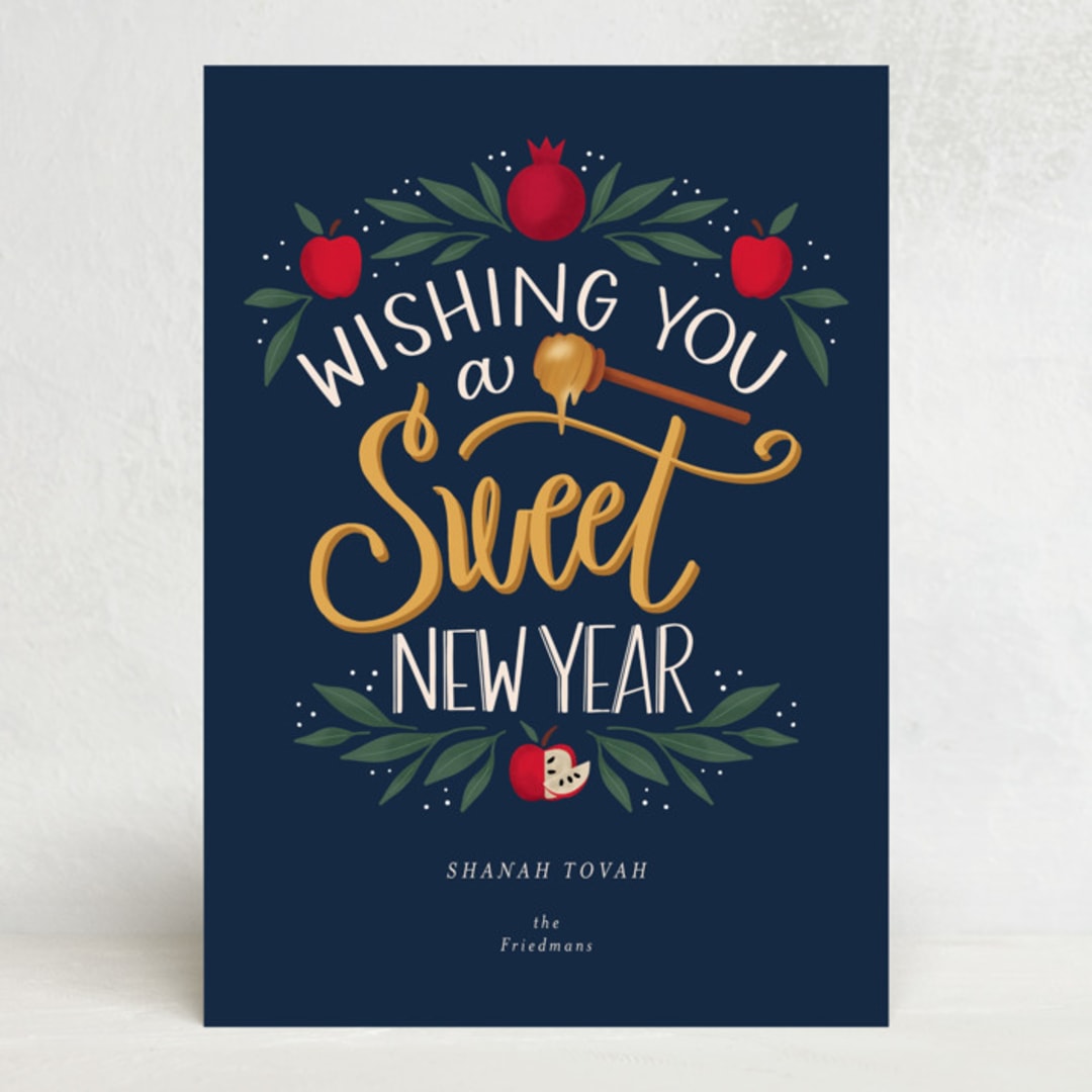 "Sweet New Year" - Rosh Hashanah Cards in Navy by Cindy Reynolds - Front