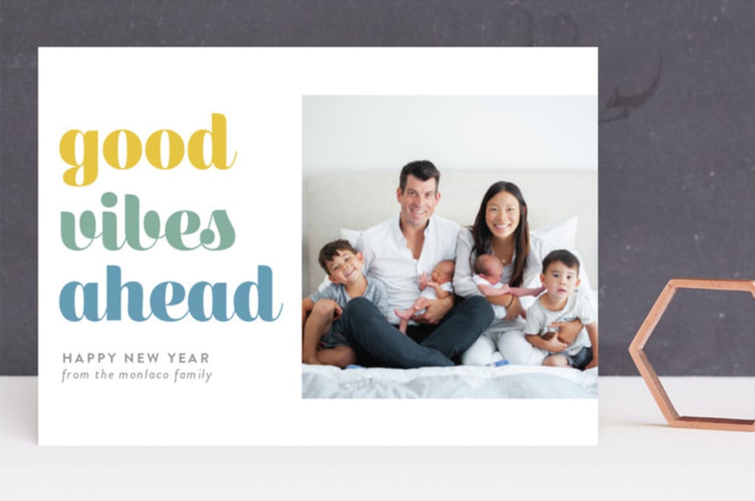 "Good Vibes Ahead" - Retired Holiday Cards in Mustard by Cat Caudillo - Front