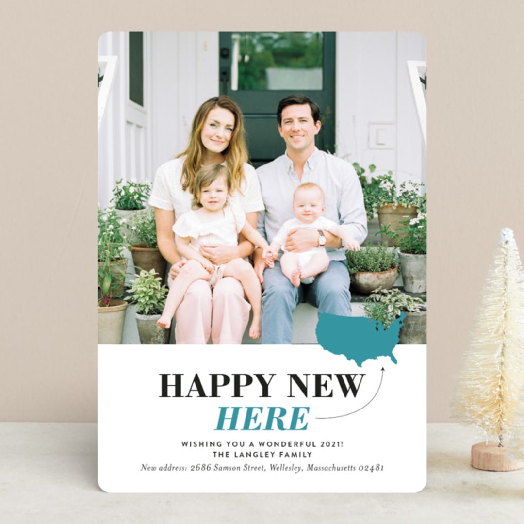 "Happy New Here" - Retired Holiday Cards in Teal by Shari Margolin - Front