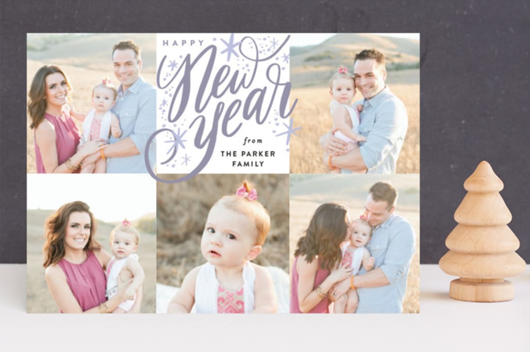 "New Year Square Sparkles" - Retired Holiday Cards in Plum by Alethea and Ruth - Front