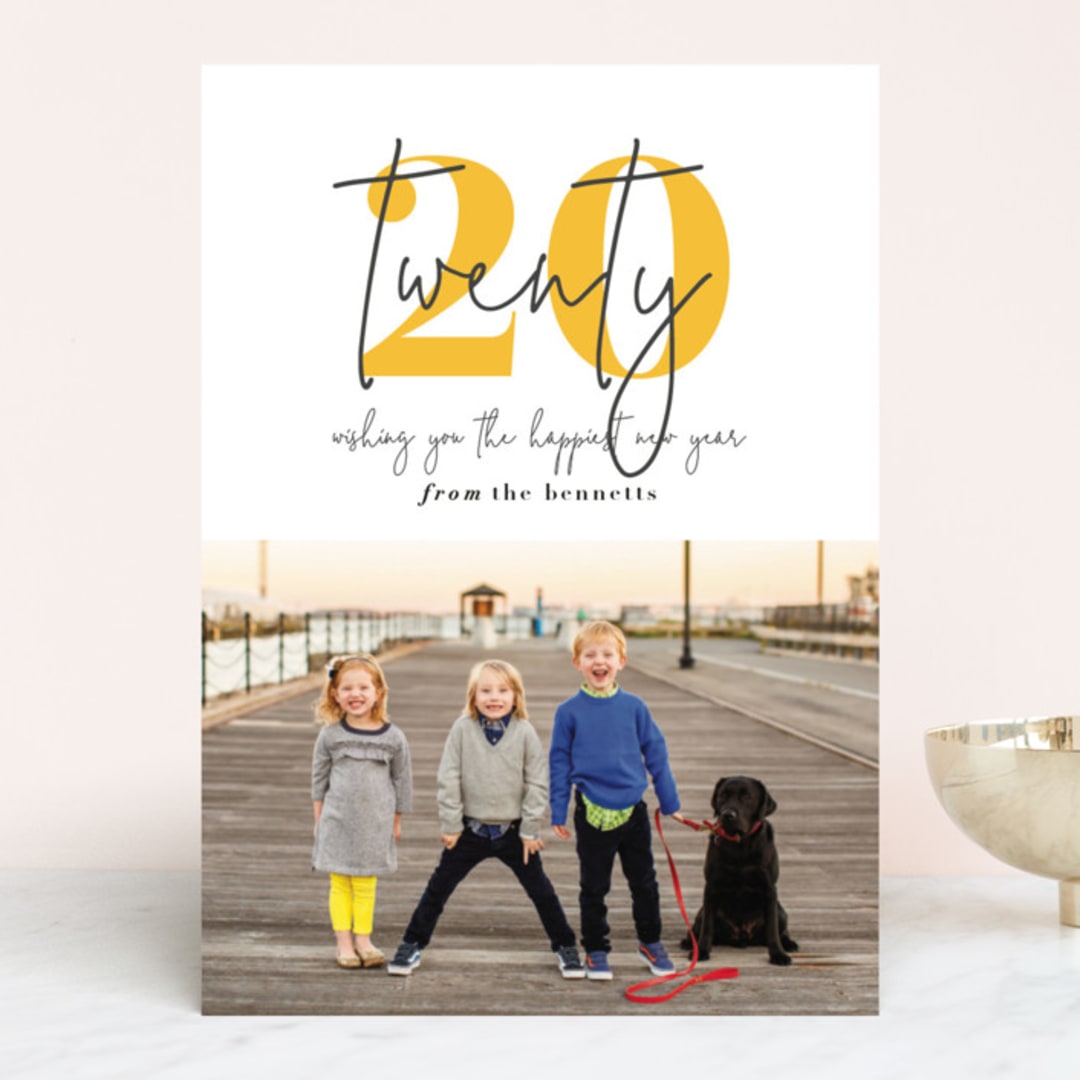 "stylish new year" - Retired Holiday Cards in Mustard by Stacy Cooke - Front