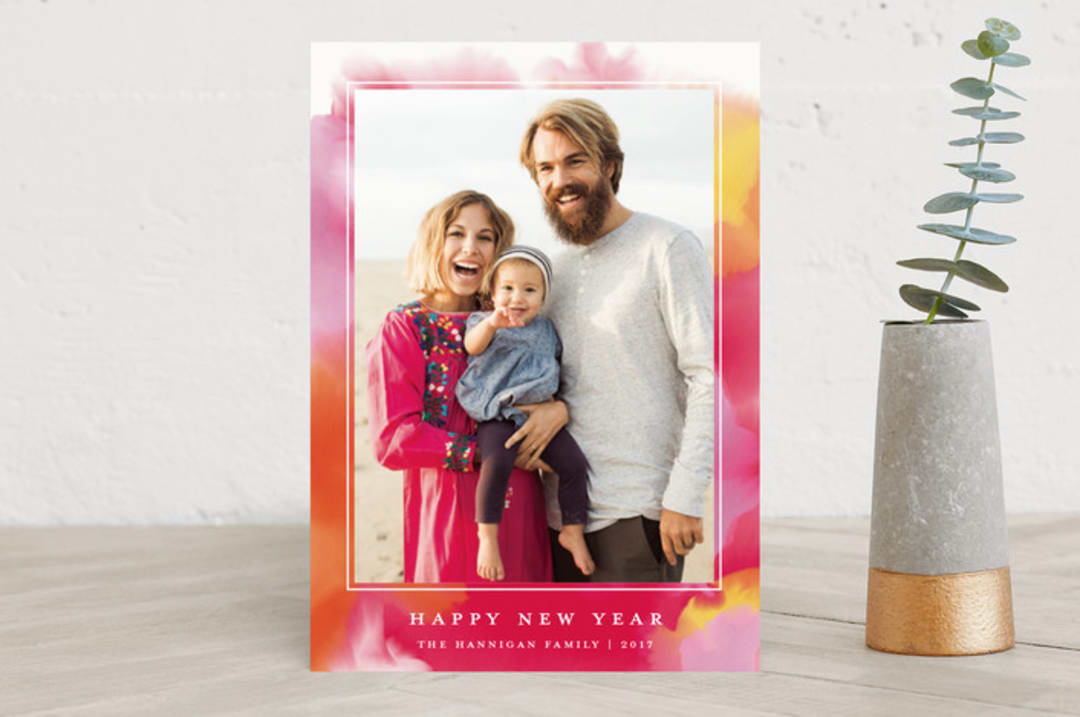 "Bright And Happy Year" - Retired Holiday Cards in Raspberry by Kerry Doyle - Front