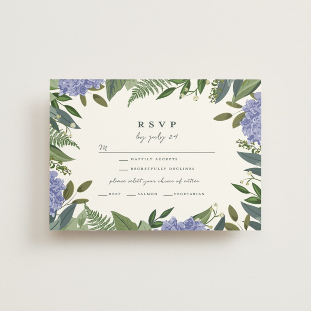 "Hydrangea Frame" - RSVP Postcards in Periwinkle by Susan Moyal - Front