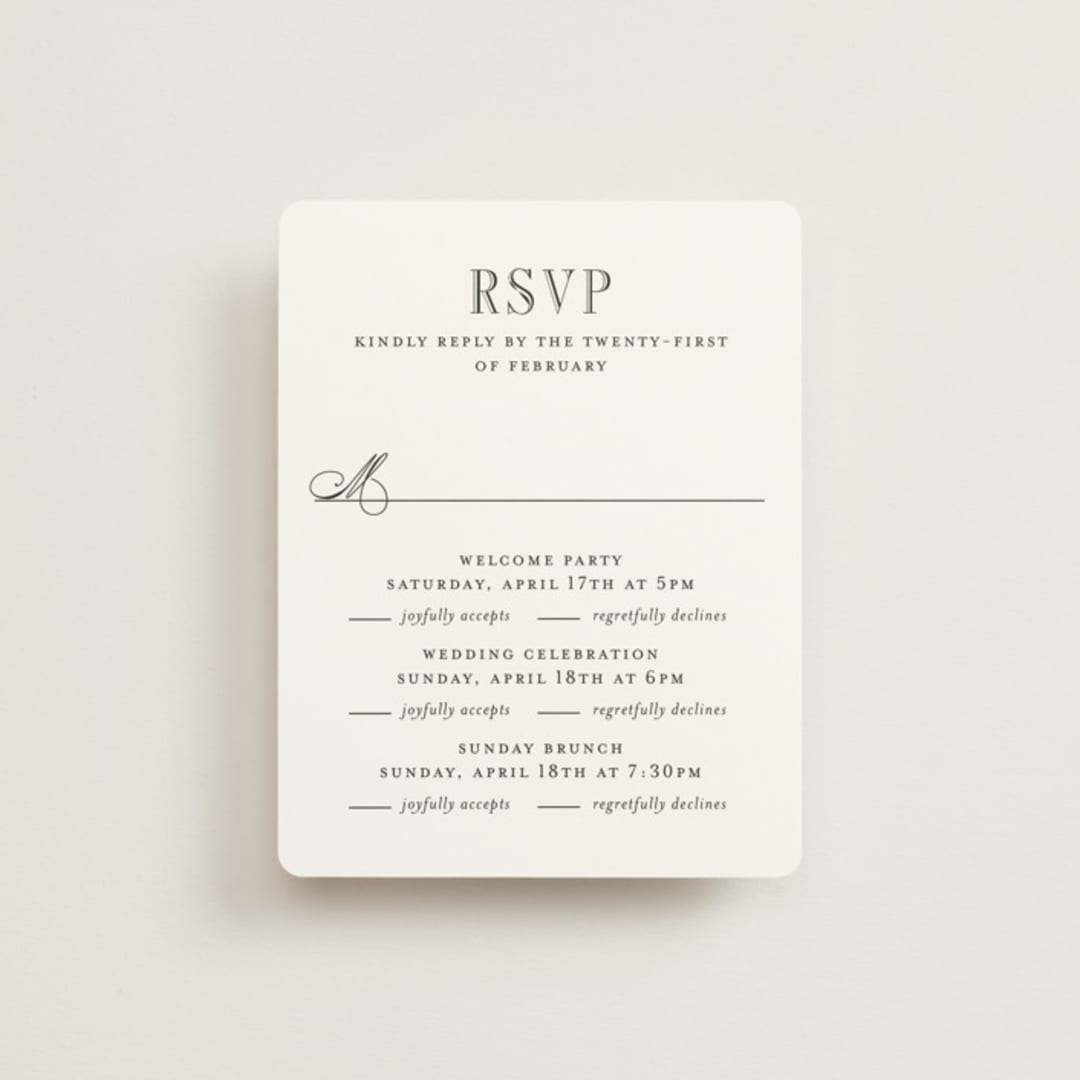 "Hepburn" - Multi-Event RSVP Cards in Tuxedo by Megan Davis - Front
