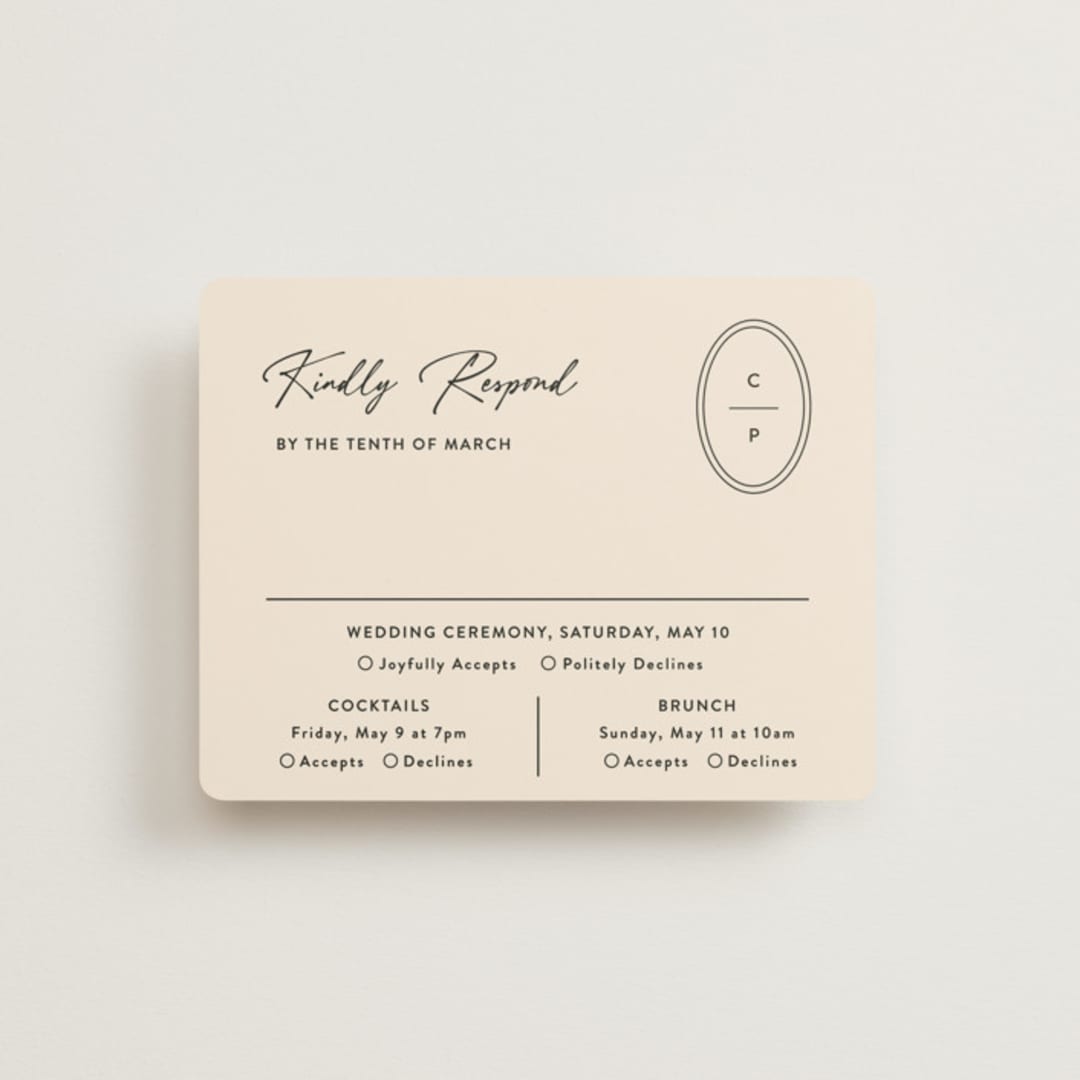 "Script and Monogram" - Multi-Event RSVP Cards in Sand by Carolyn MacLaren - Front