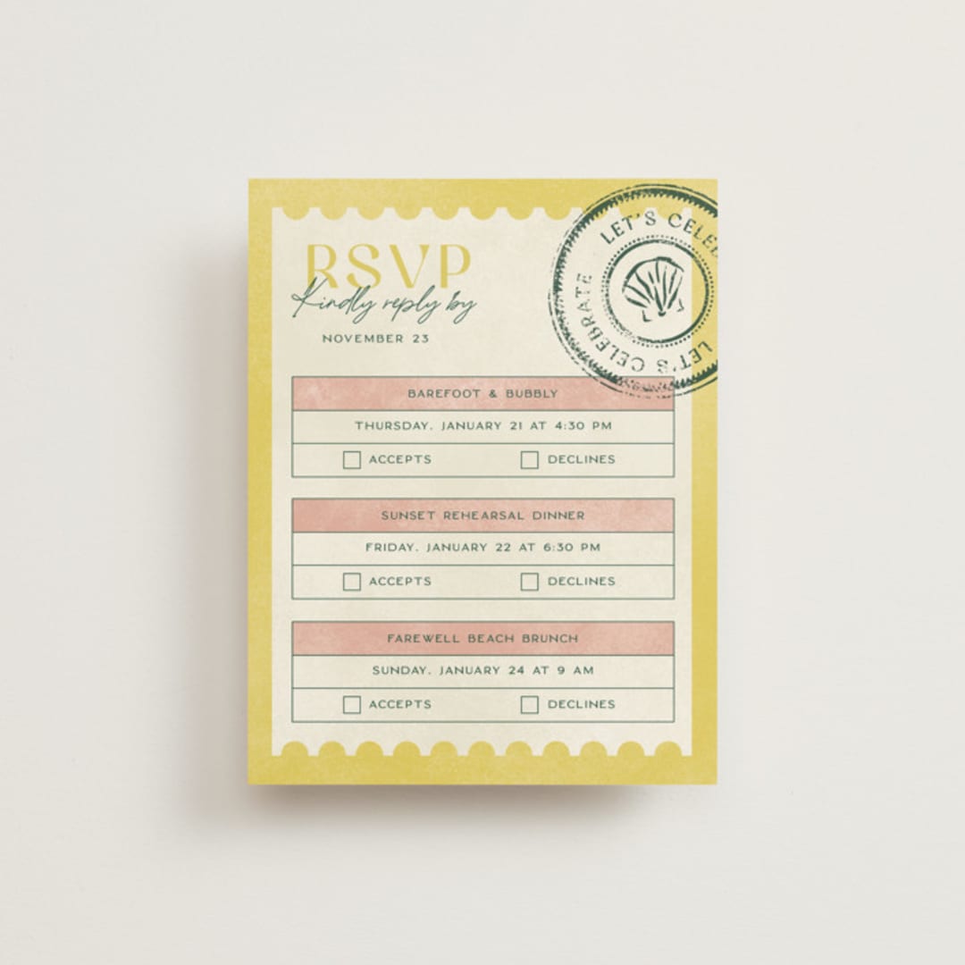 "Coastal Drift" - Multi-Event RSVP Cards in Caribbean Citrus by Pixel and Hank - Front