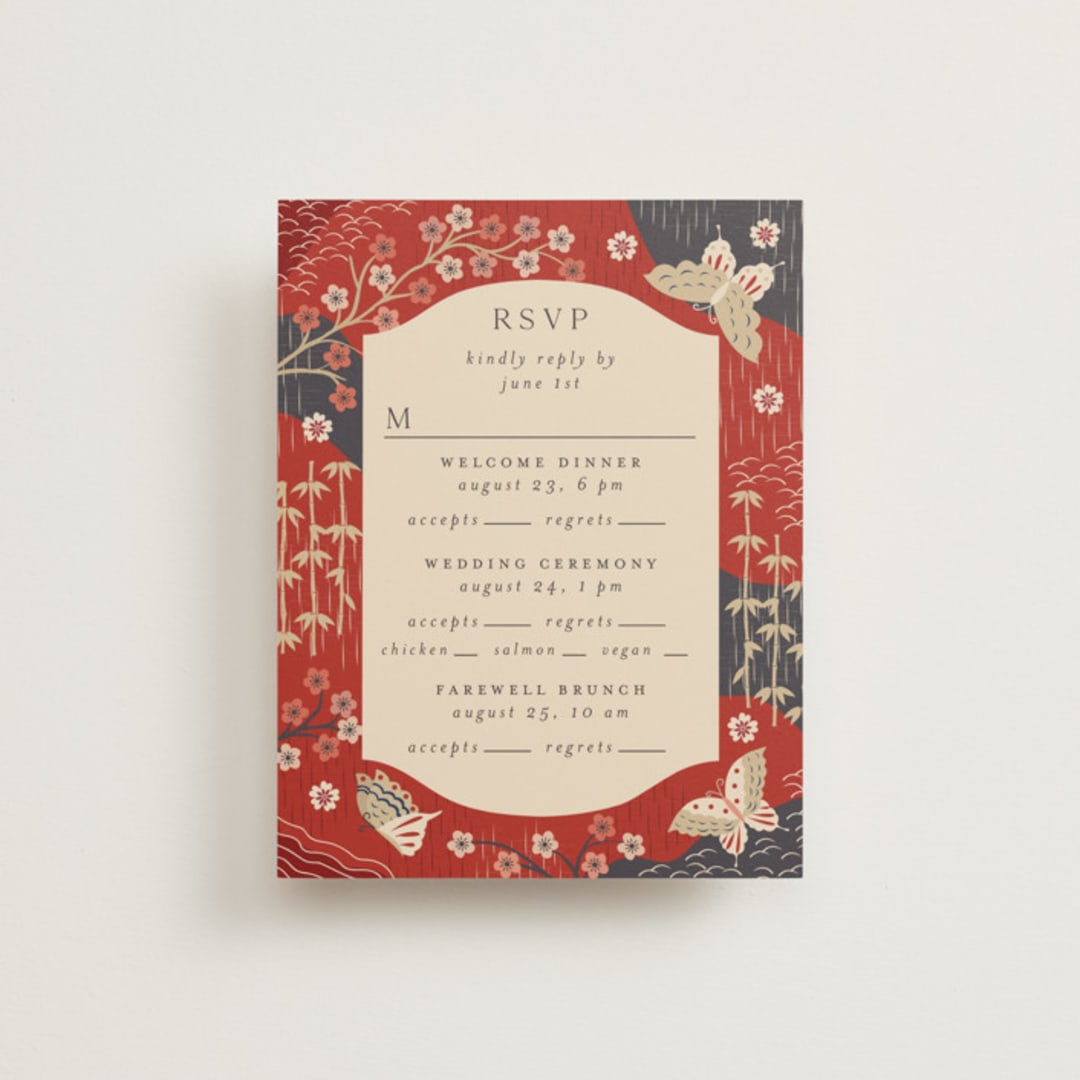 "Japanese Textile" - Multi-Event RSVP Cards in Rose by Jennifer Holbrook - Front