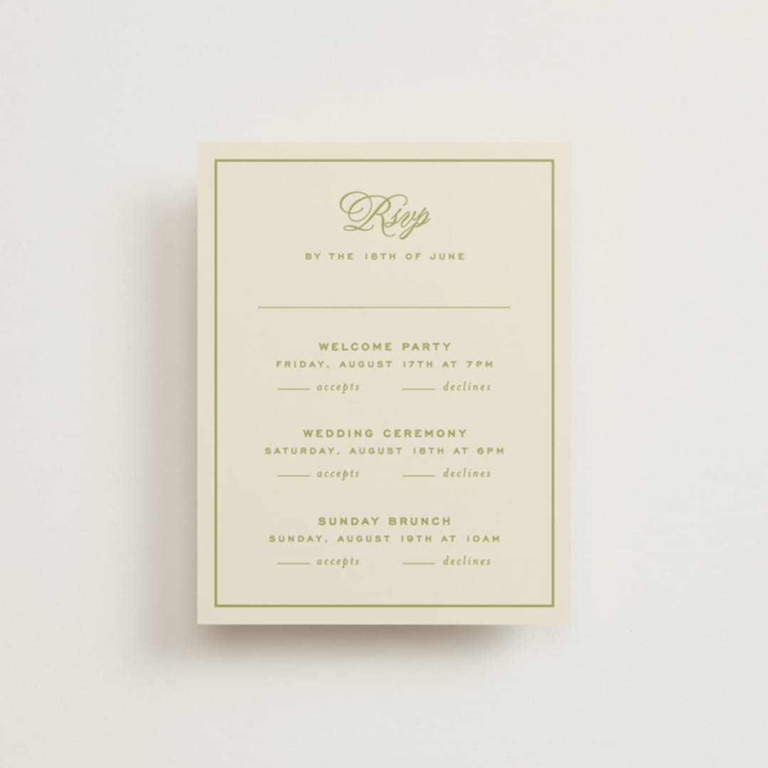 "rory" - Multi-Event RSVP Cards in Olive by Ellen Schlegelmilch - Front