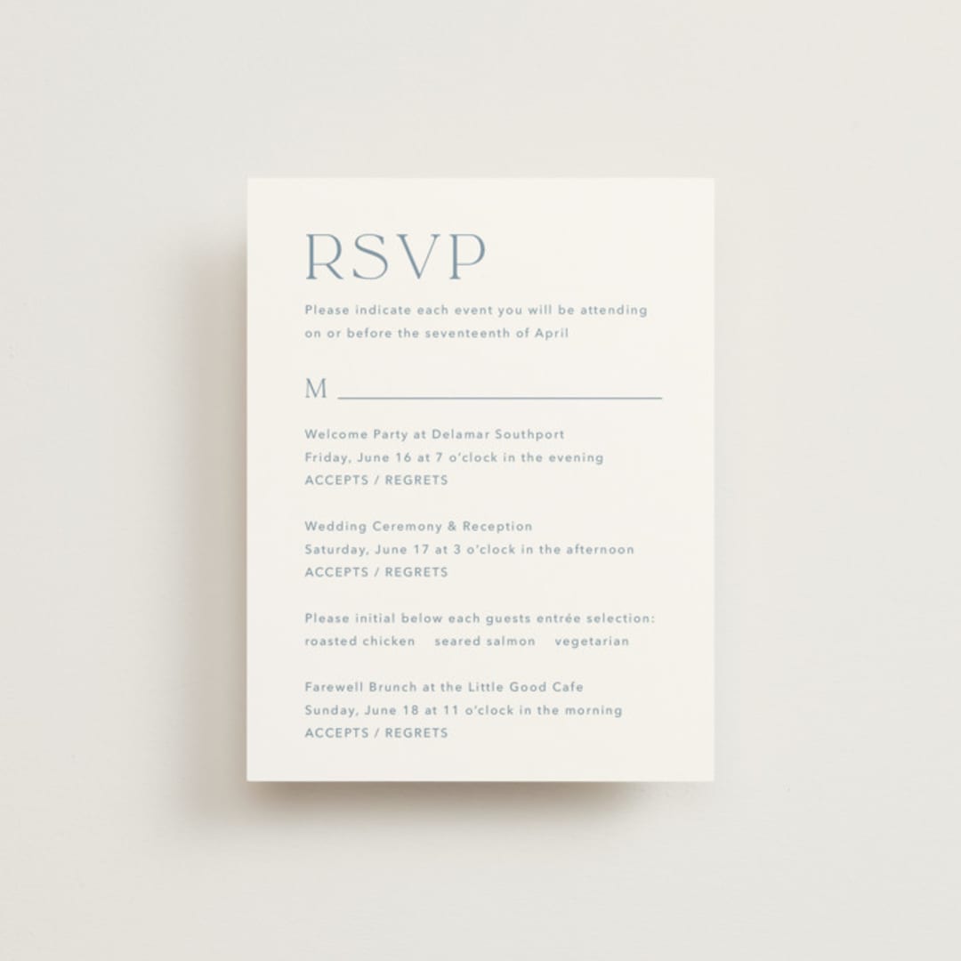 "Leighton" - Multi-Event RSVP Cards in Lakeshore Blue by Jennifer Postorino - Front
