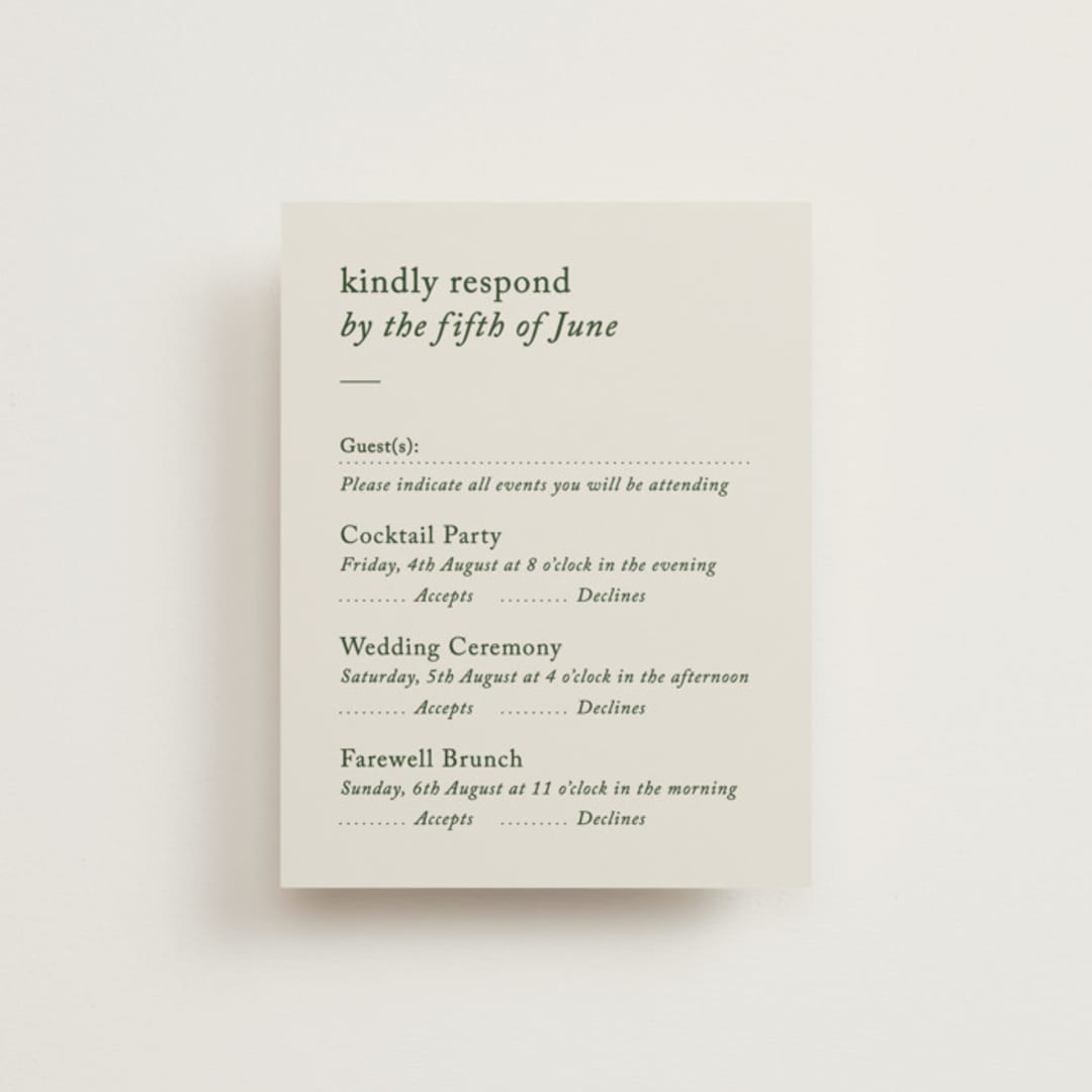 "Editorial" - Multi-Event RSVP Cards in Forest by Bethan - Front