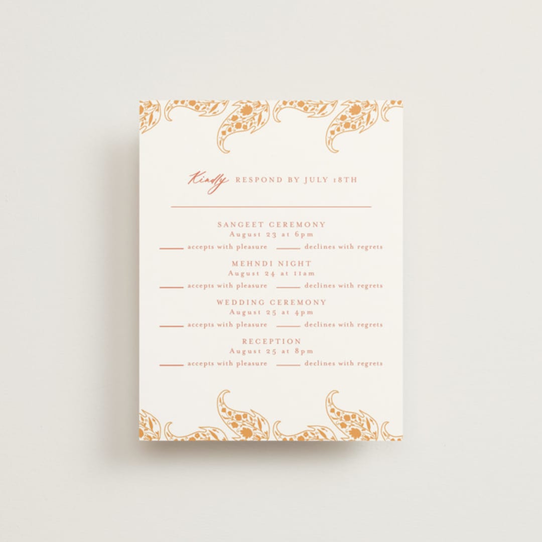 "Heritage Paisley" - Multi-Event RSVP Cards in Tangerine by Kanika Mathur - Front
