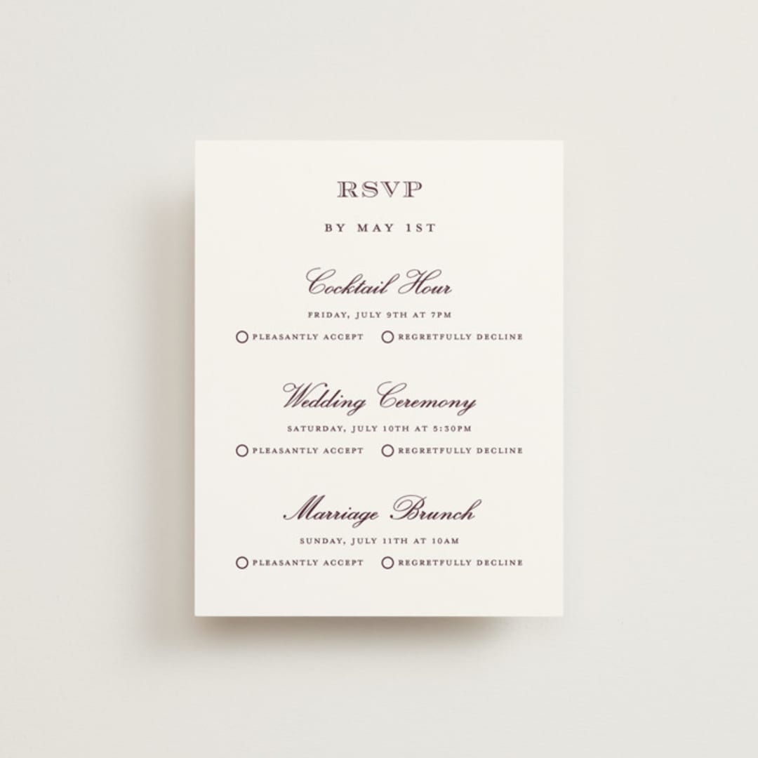 "Engraved names" - Multi-Event RSVP Cards in Burgundy by Stacey Meacham - Front