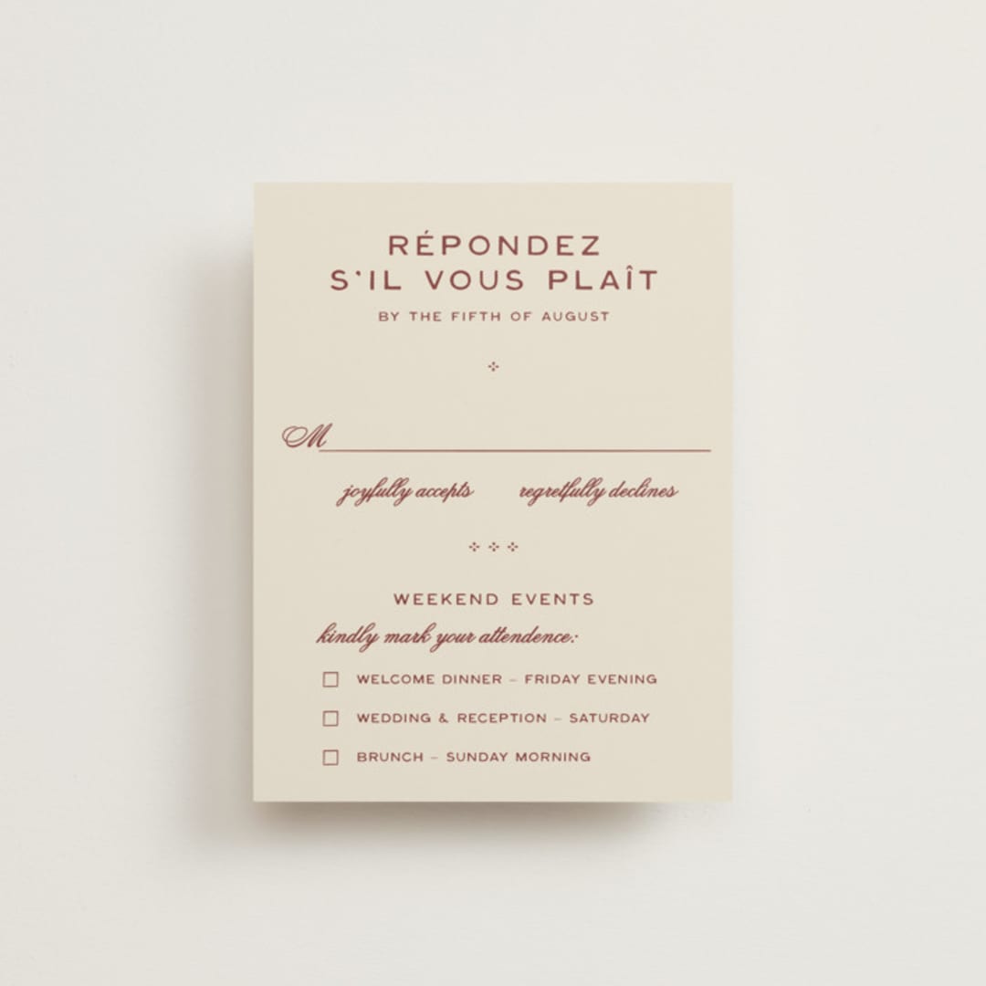 "Rose Ink" - Multi-Event RSVP Cards in Rust by Ani Somi - Front