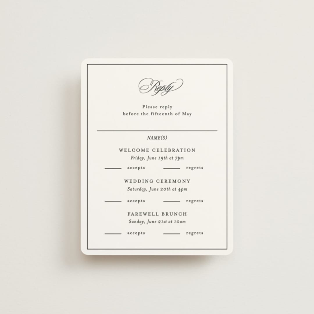 "Sincerity" - Multi-Event RSVP Cards in Noir by Kimberly FitzSimons - Front