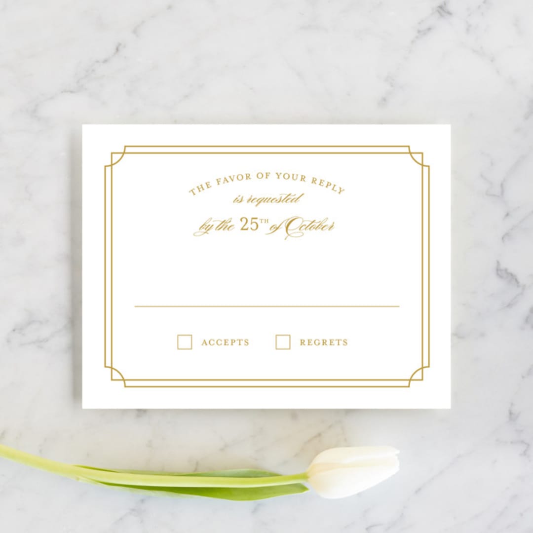 "Luxe Border" - RSVP Cards in Gold by Sarah Brown - Front