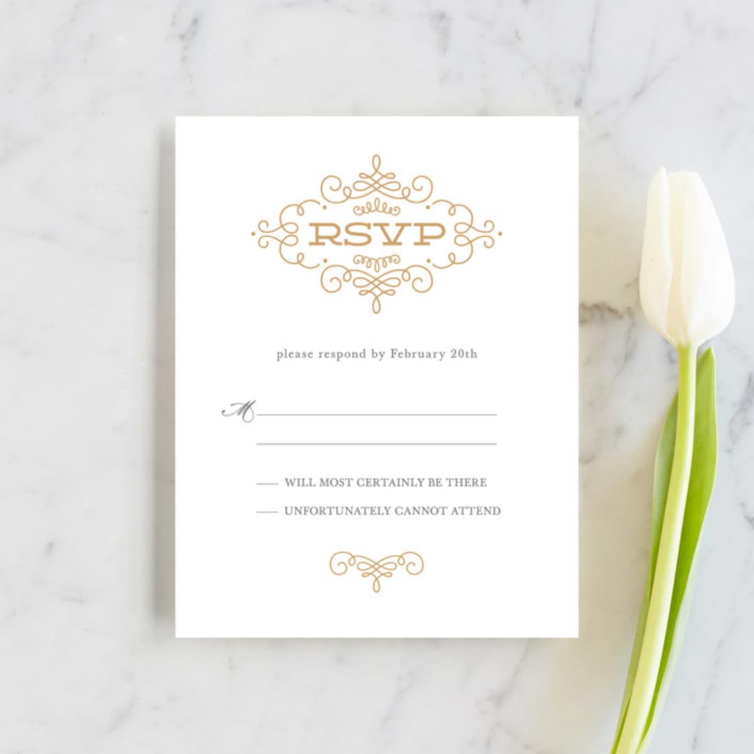 "Ornate Monogram" - RSVP Cards in Faux Gold by Kristen Smith - Front