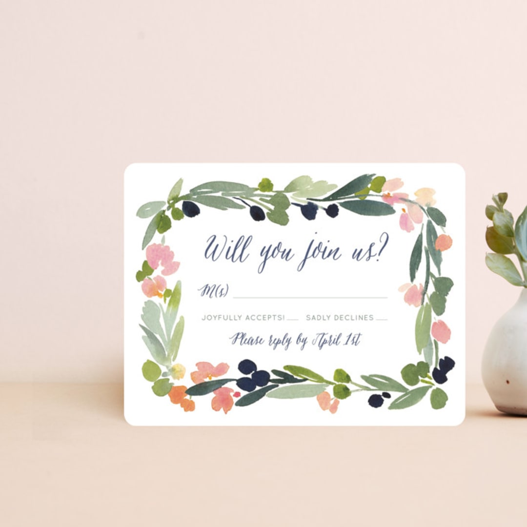 "Watercolor Wreath" - RSVP Cards in Grapefruit by Yao Cheng Design - Front