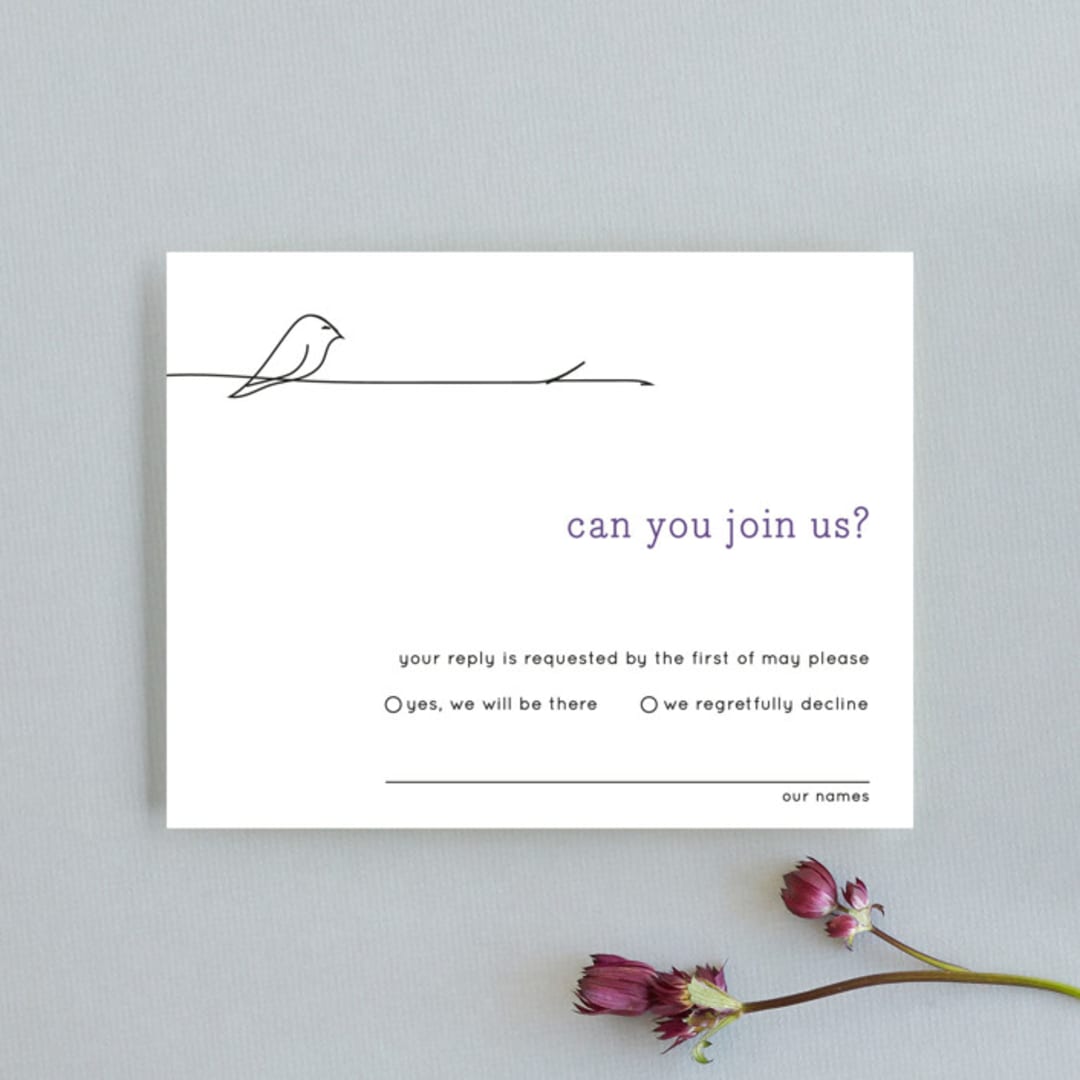 "Birds of a Feather" - RSVP Cards in Plum by R studio - Front
