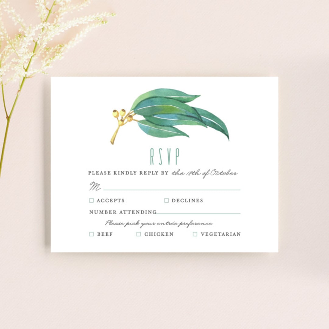 "Eucalyptus Leaves" - RSVP Cards in Eucalyptus by Shannon Chen of Four Wet Feet Studio - Front
