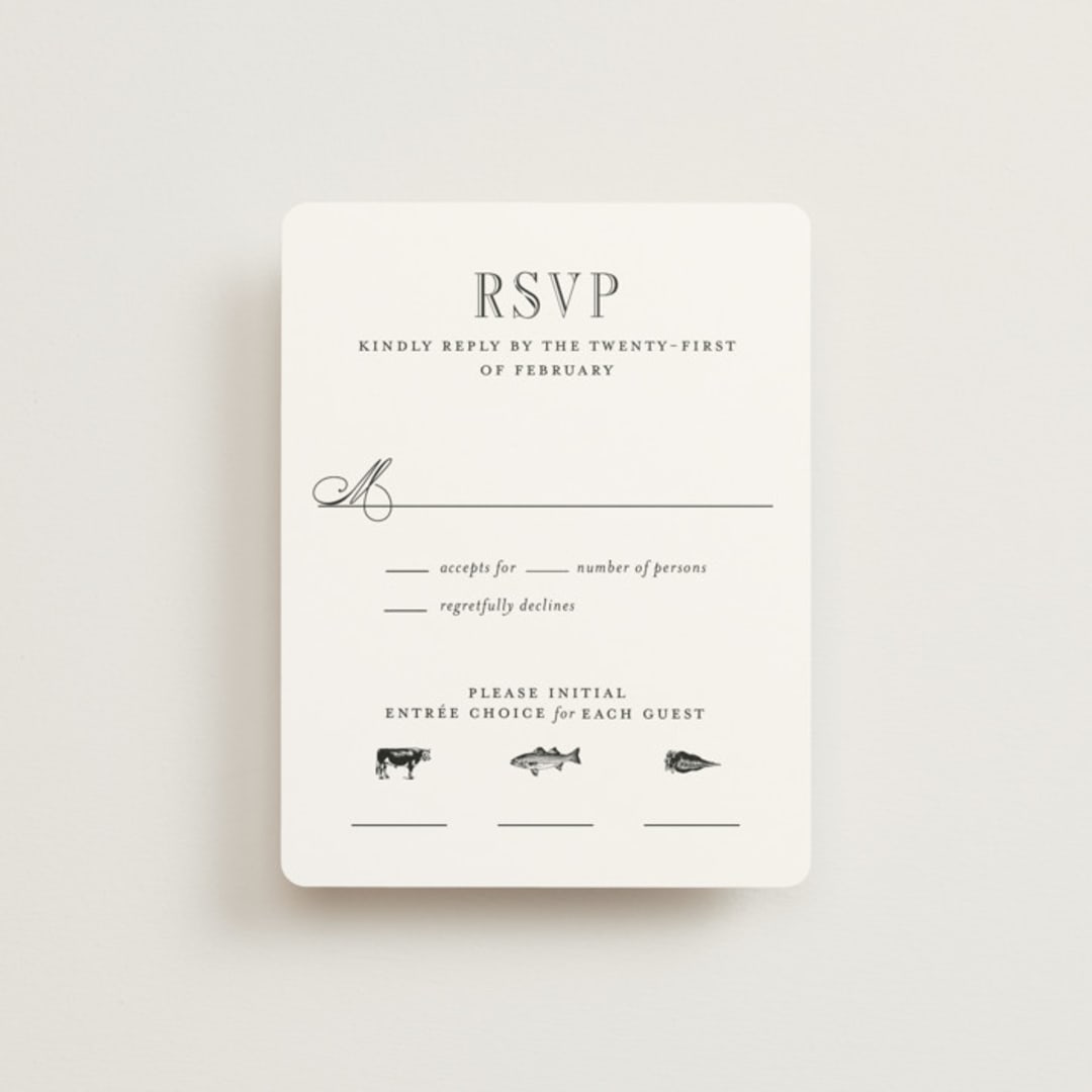 "Hepburn" - RSVP Cards in Tuxedo by Megan Davis - Front