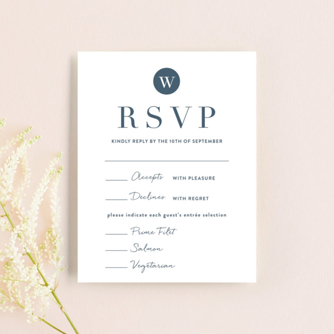 "Wedding Stamp" - RSVP Cards in Navy by Kasia Labocki - Front