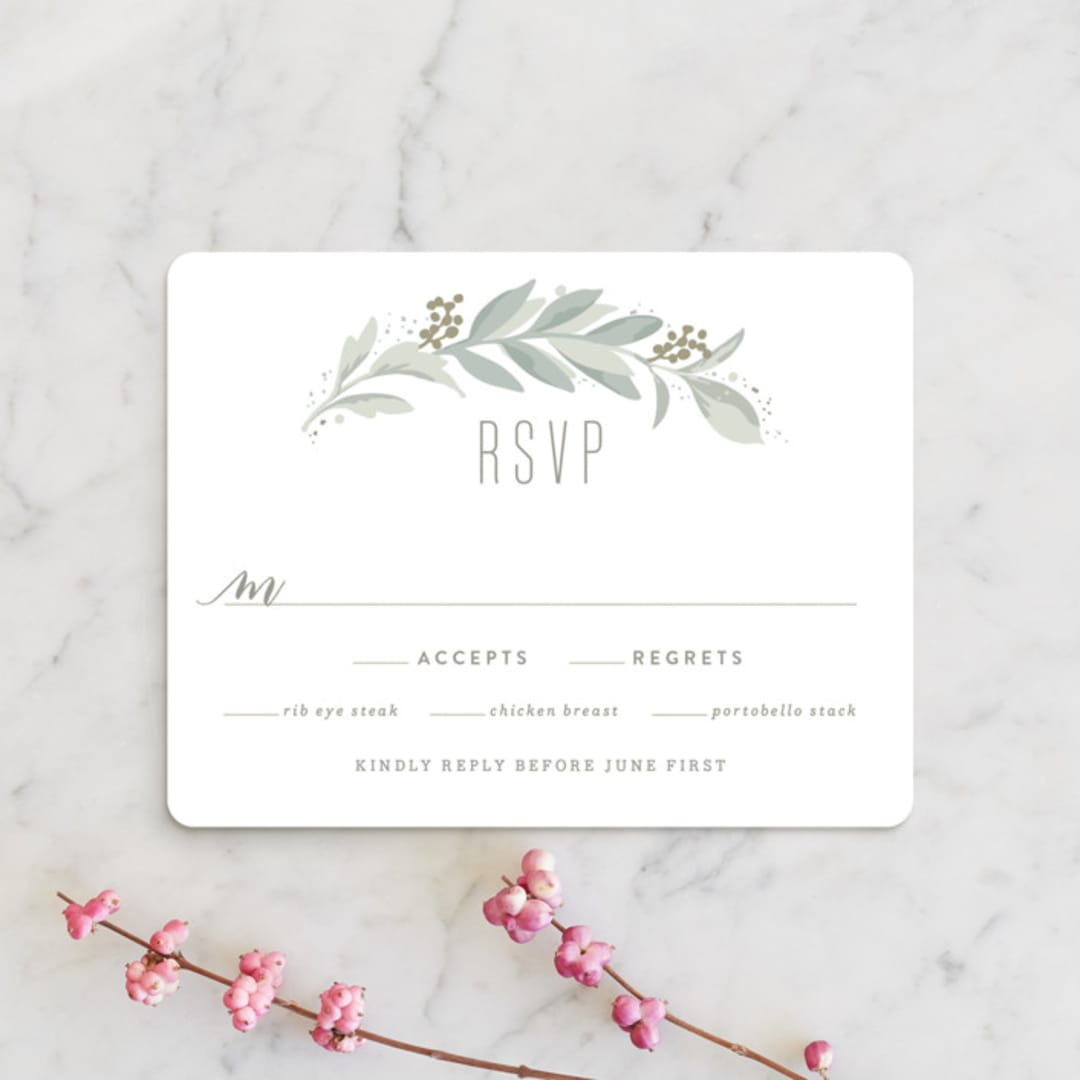 "Modern Wreath" - RSVP Cards in Sage by Hooray Creative - Front