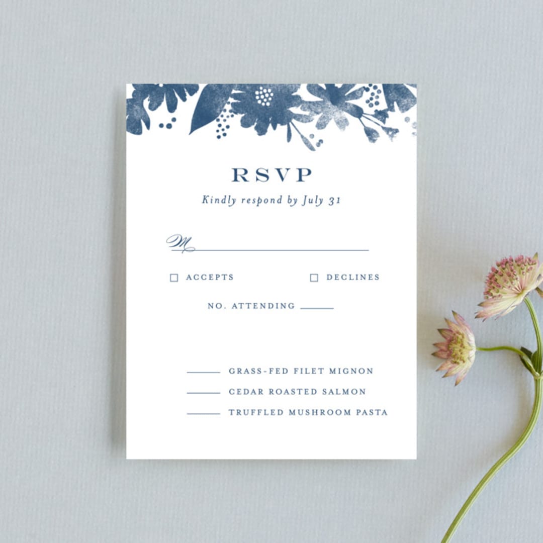 "Floral screenprint" - RSVP Cards in Navy by Jennifer Wick - Front
