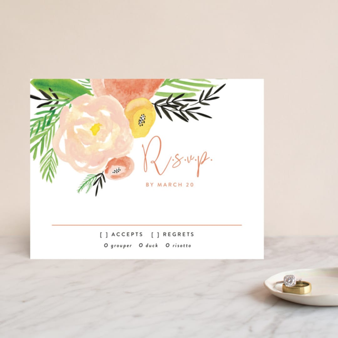 "Posie Garden Bouquet" - RSVP Cards in Peach by Erika Firm - Front