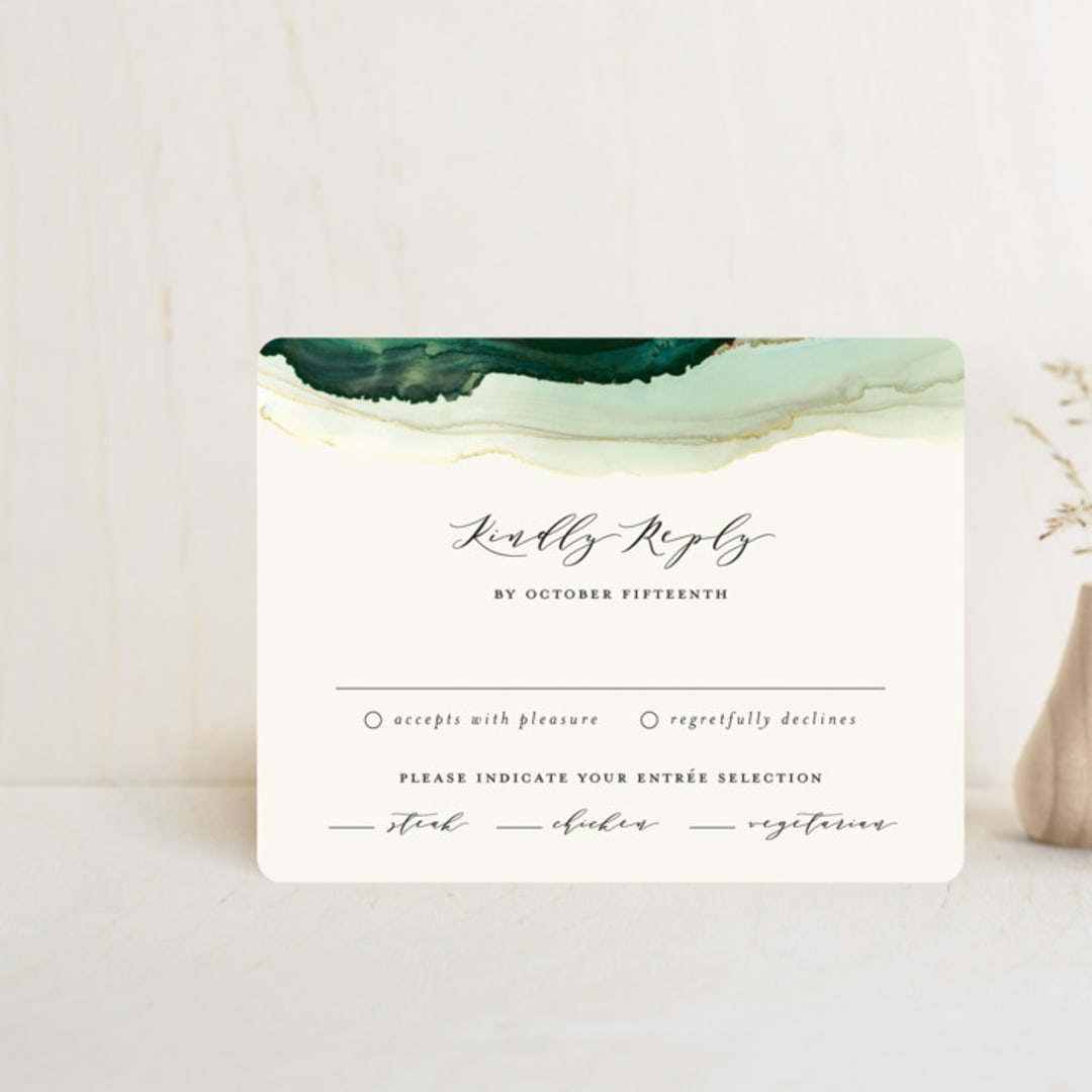 "Flow" - RSVP Cards in Emerald by Three Kisses Studio - Front