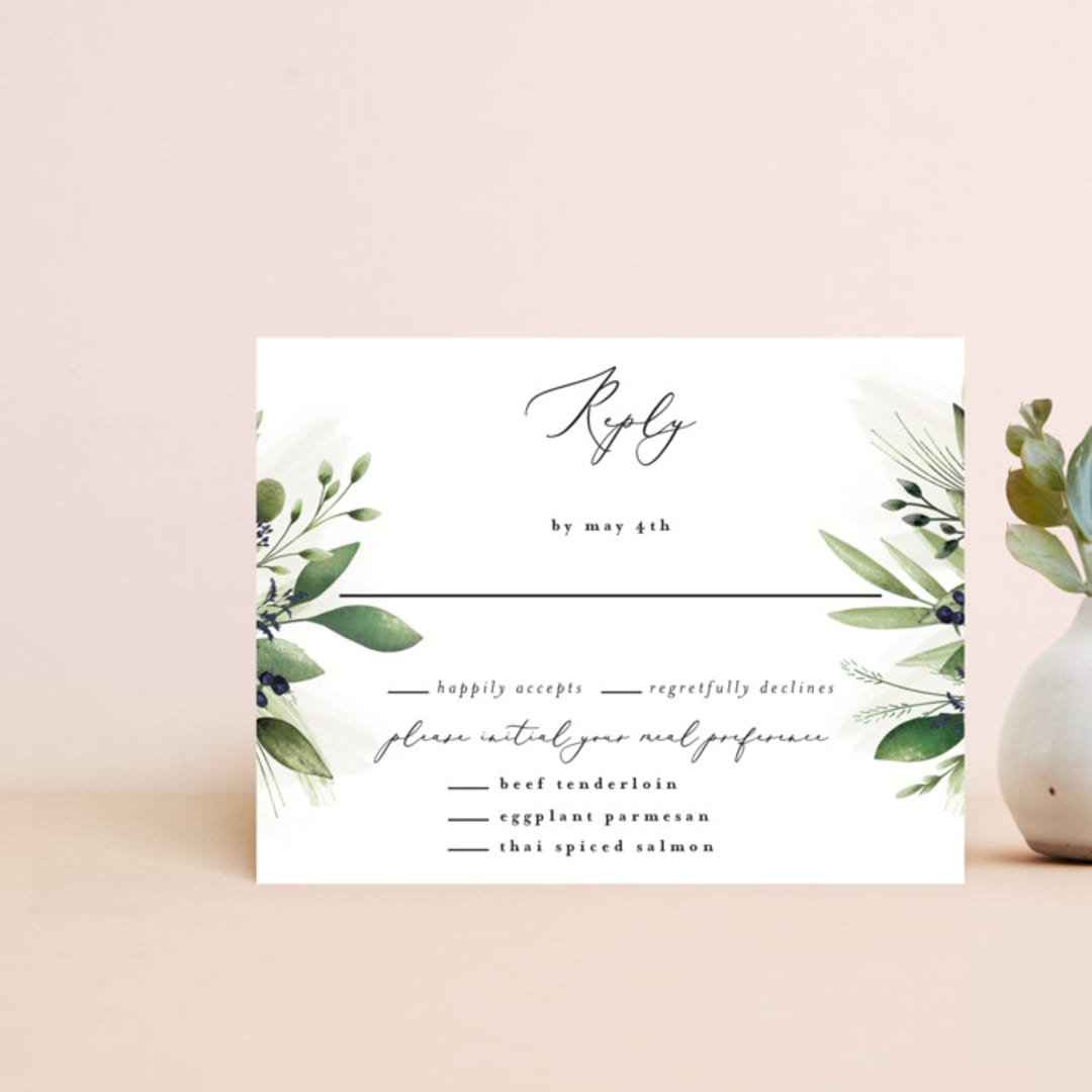 "Greenery Banner" - RSVP Cards in Navy by Susan Moyal - Front