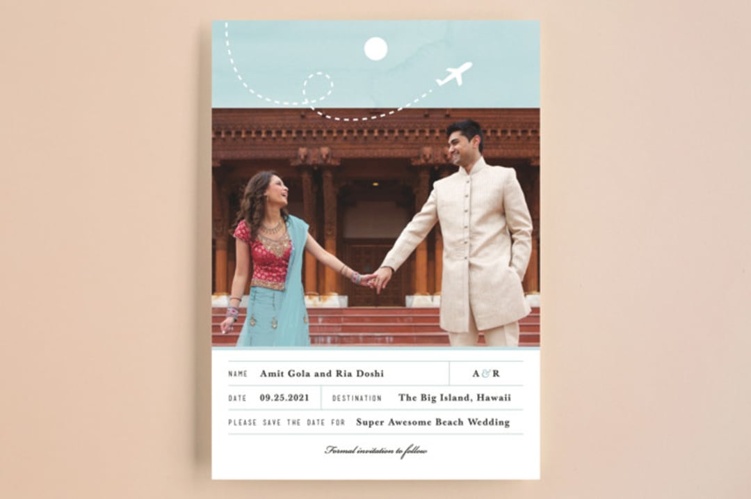 "Destination Of Love" - Save the Dates in Sky by Shannon Chen of Four Wet Feet Studio - Front