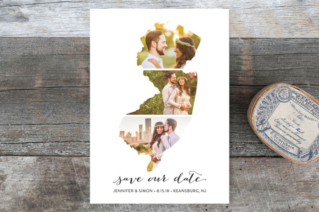 "New Jersey Love Location" - Save the Dates in Wedding Dress by Heather Buchma - Front