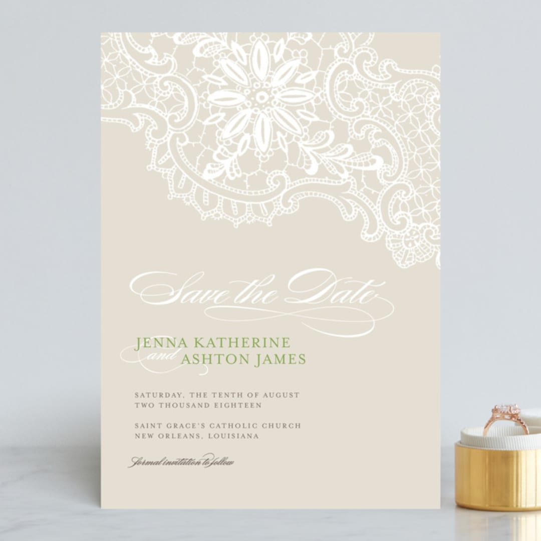 "White Lace" - Save the Dates in Green Field by Lauren Chism - Front
