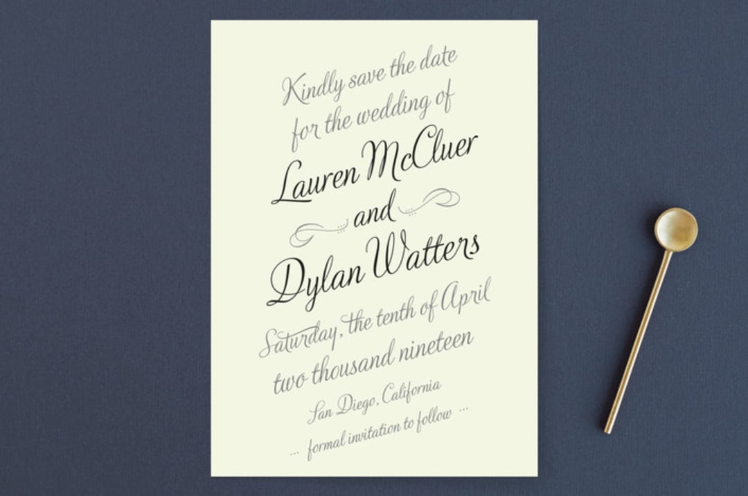 "Just My Type" - Save the Dates in Tuxedo by Ann Gardner - Front