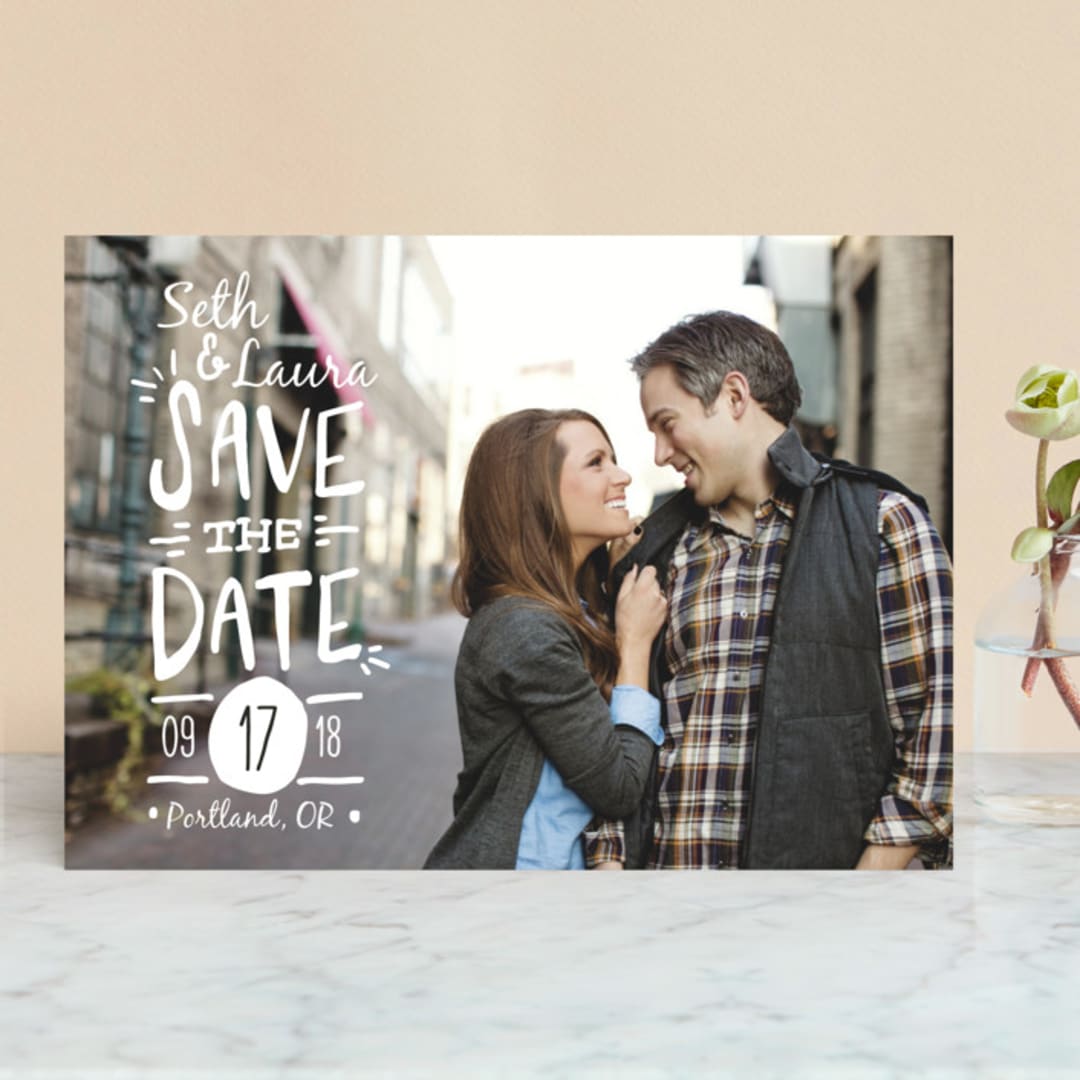 "Casual Calligraphy" - Save the Dates in Ivory by Melissa Egan of Pistols - Front